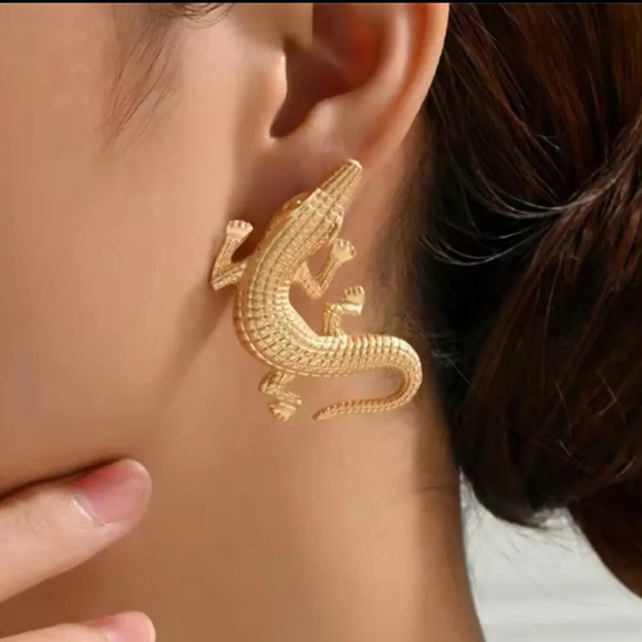 Alligator Gold Textured Statement Earrings - Picture 10 of 16